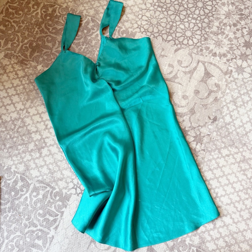 Y2K‎ Teal Blue Satin Slip Dress Size Medium V Neck Spaghetti Strap Mini Romantic